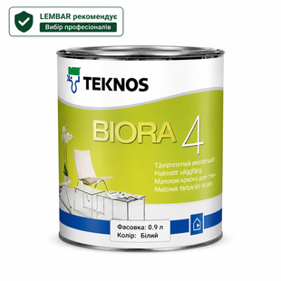 Фарба акрилова інтер&rsquo;єрна матова Teknos Biora 4 для стін і стель Біла 0.9 л LM-F-0313 &mdash; фото товару LEMBAR